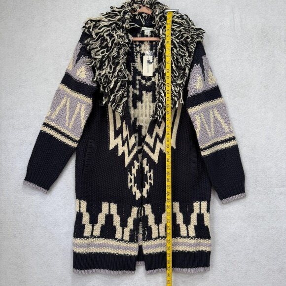 Sundance Cardigan Sweater Womens Small Navy Cream Aztec Shag Collar Knit Long - Picture 2 of 9